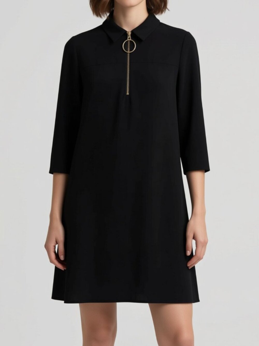MSK Black Collared Dress | Gold O-Ring Zip Front | Size M | Like New